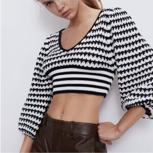 Zara striped Knit Crop Top crochet small white and black